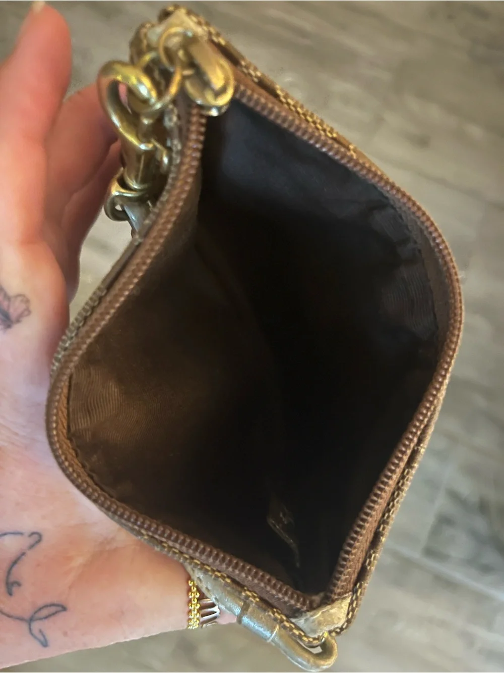 Coach Brown Signature Canvas Wristlet with Metallic Gold Trim